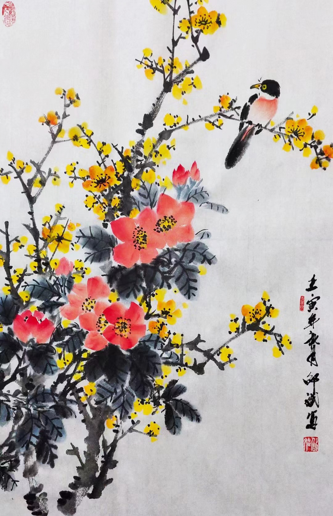 喜上眉梢 黃梅凌霄花花鳥畫 壬寅年秋月寫